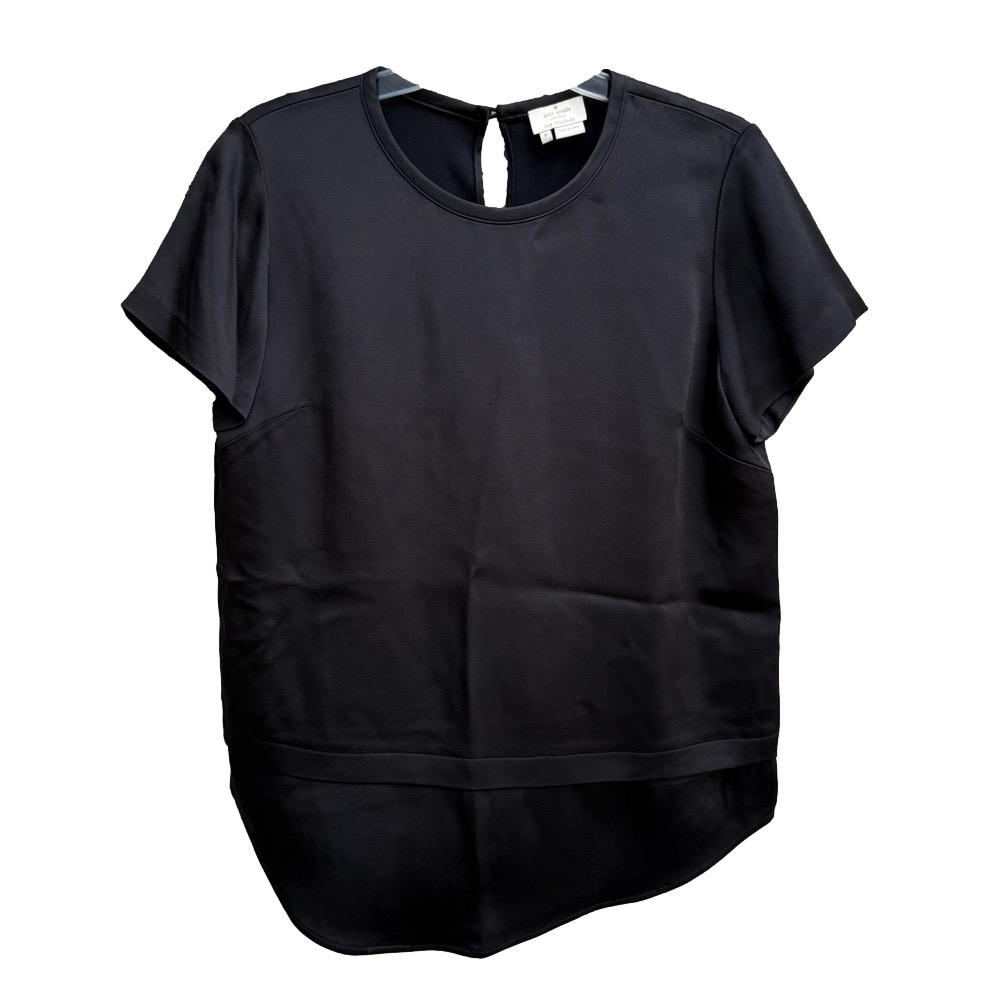 Kate Spade Black Short Sleeve Blouse Top Size 8 Rounded Hemline Keyhole Back